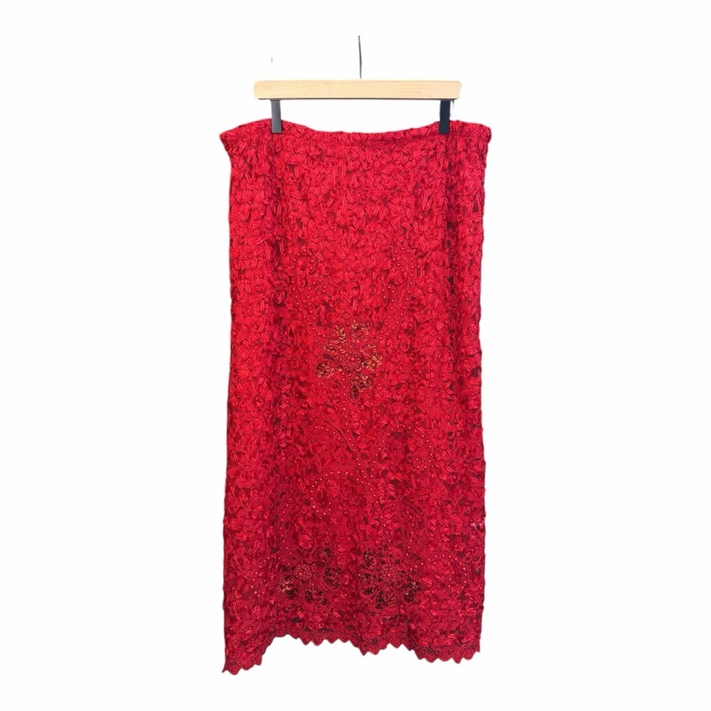 Red Sequin Floral Lace Maxi‎ Skirt – Holiday Party Glam XL LE1